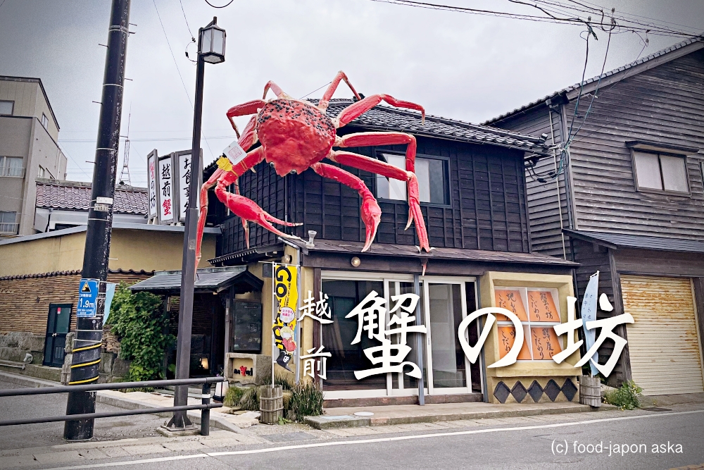 「越前 蟹の坊」“福井で蟹と言えば”の望洋楼さん直営店。三国港が目の前でオフシーズンも新鮮な海の幸が堪能できる。甘海老てんこ盛り丼うまい！大きな蟹のオブジェが目印。